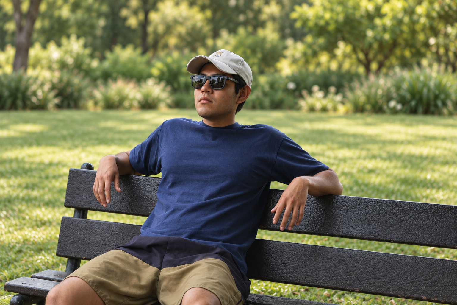 Una persona con lentes oscuros descansa en una banca al aire libre